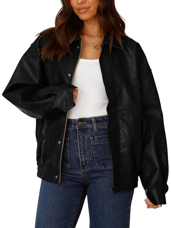 Jackets & Blazers - Women's Faux Leather Motorcycle Jacket Oversized Zip Up Winter Coat Black